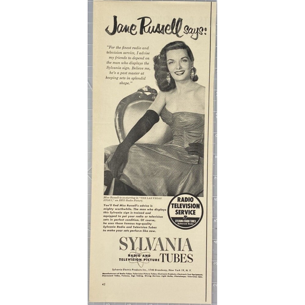 Sylvania Radio & TV Tubes"Jane Russell says for the finest Service"Print Ad 1952